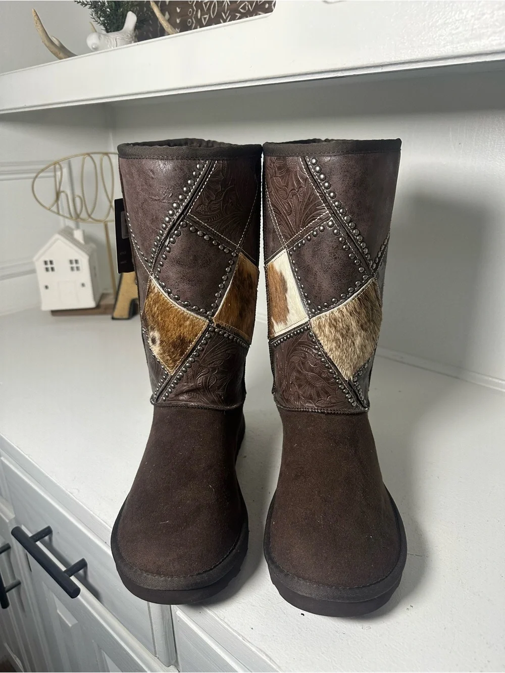 Montana West Women’s Size 8 Brown Western Winter Boots Cowhide Studded Mid Calf